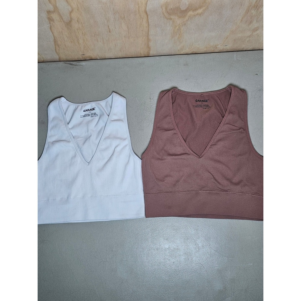 Garage Seamless Ribbed Crop Top Lot 2pc White Mauve V-Neck Tank S/M